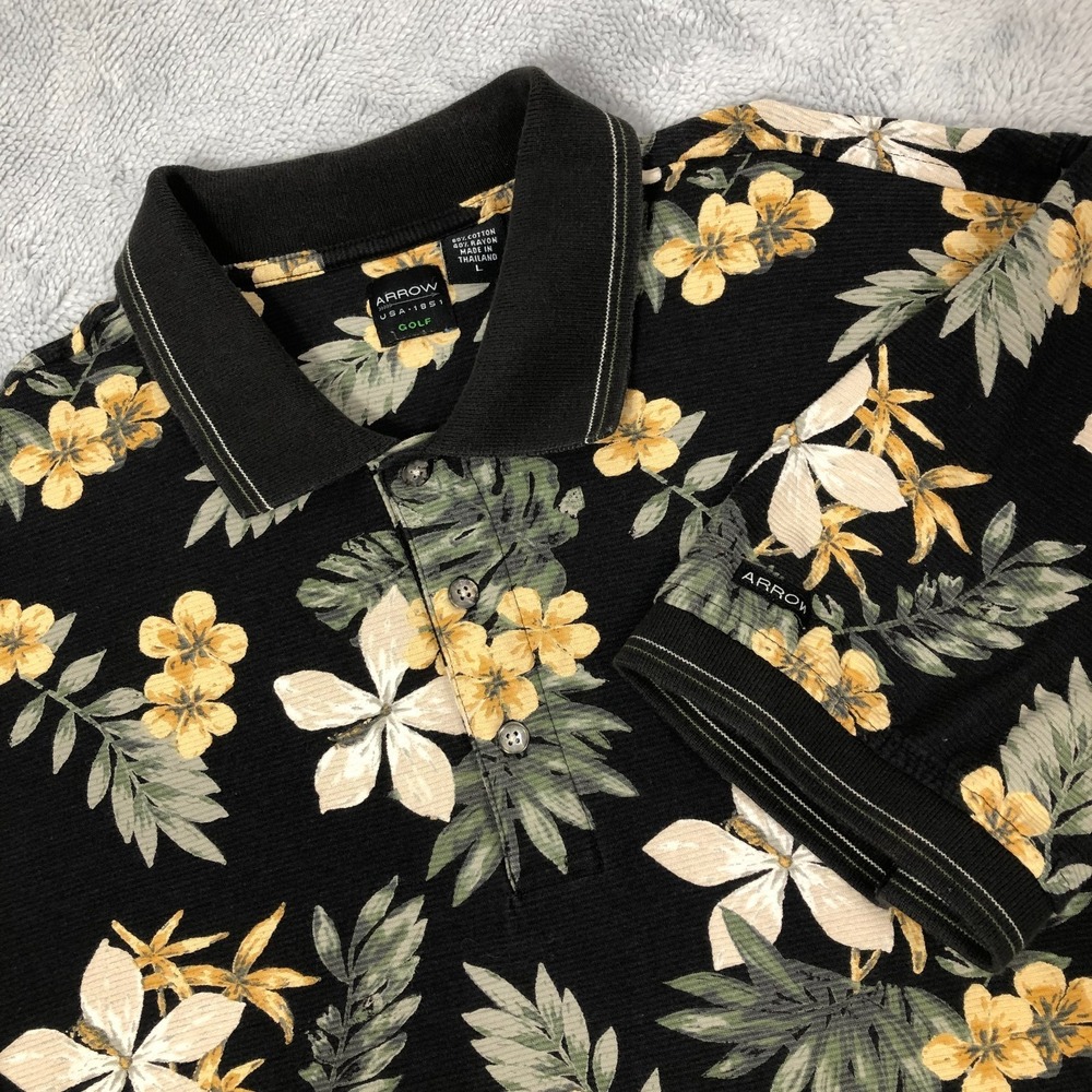 Arrow Golf Polo Shirt Mens Large Black Floral Short Sleeve Tropical Cotton Blend